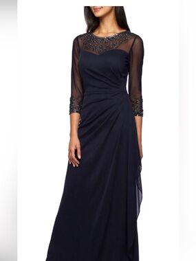 Alex Evenings Dark Navy Long Sleeve Chiffon Evening Gown